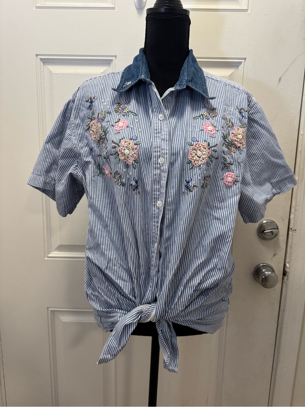 Cabin Creek Blue and White Stripe Embroidered Tie-Front Blouse 0340
